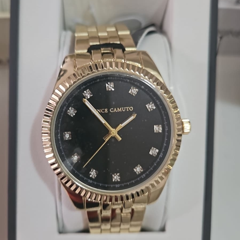 Vince Camuto Gold and Black Crystal Accent Bracelet Watch